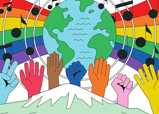 A graphic of a globe with rainbows, musical notes, and diverse hands upraised with Mt. Rainier in the foreground