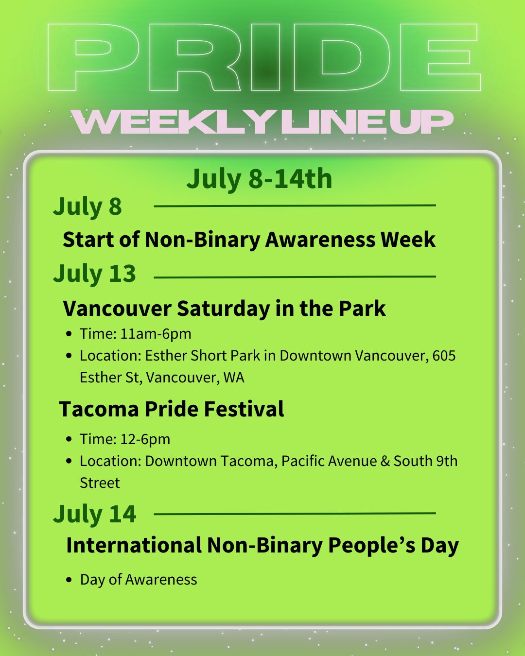Pride Around Washington Weekly Lineup